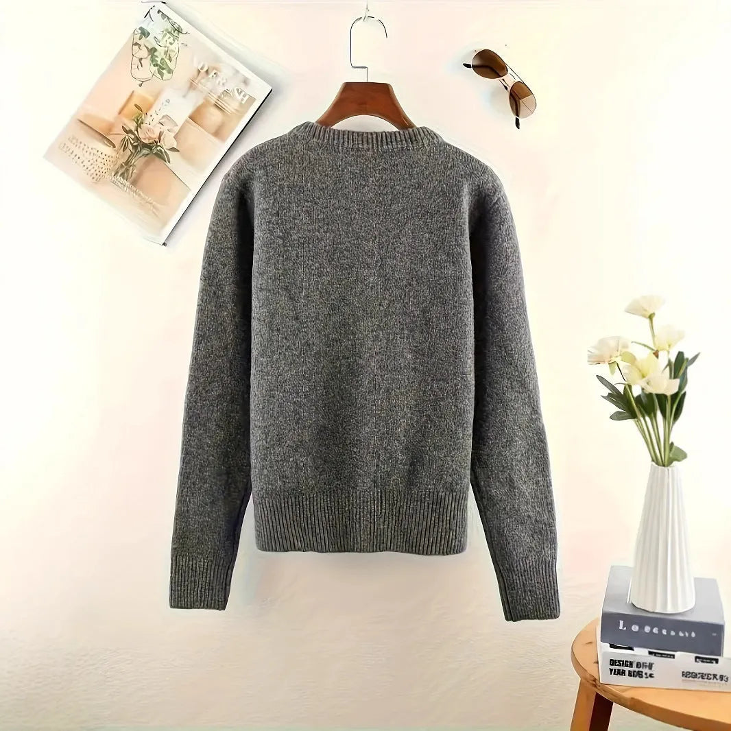Dark grey women's polyester cardigan with button front and long sleeves.