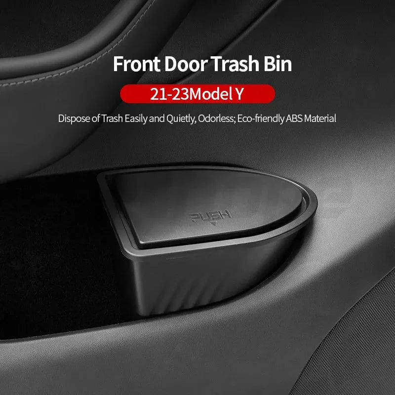 Two black ABS plastic car door trash cans designed for Tesla Model Y front door storage.