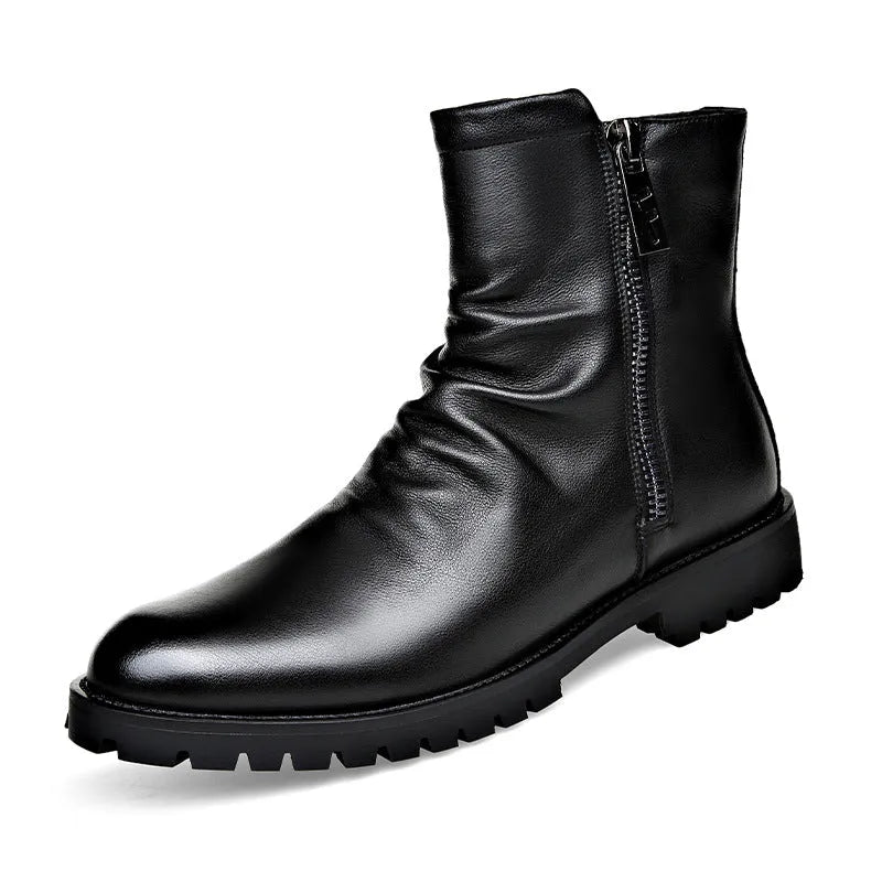 Black British-style men's high-top Martin boots with patent leather finish, side zipper, and wedge heel