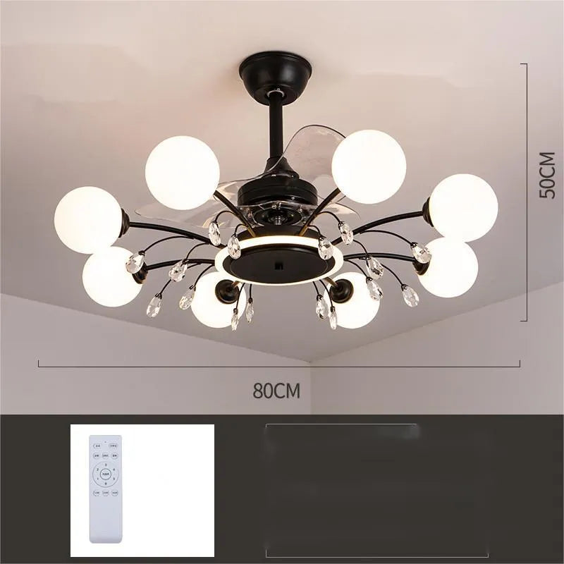 Gold and black ceiling fan lamp with chandelier-style lights and metal blades.