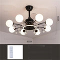 Gold and black ceiling fan lamp with chandelier-style lights and metal blades.