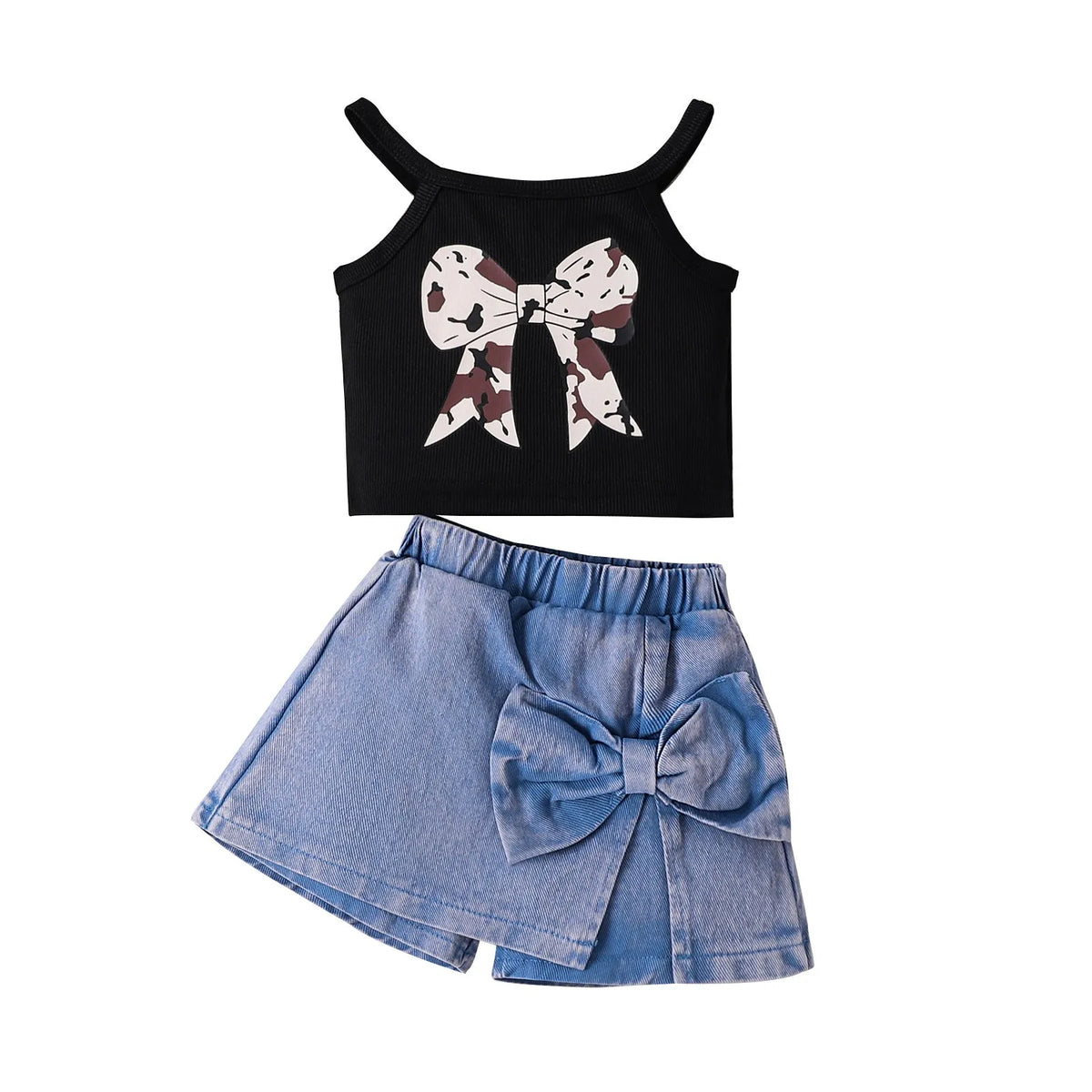 Cotton bow print sling summer suit for girls in blue with matching shorts, pullover style