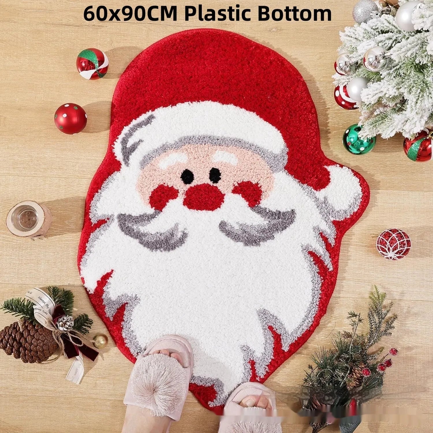 Square Christmas-themed polyester hallway mat with festive print and non-slip backing.
