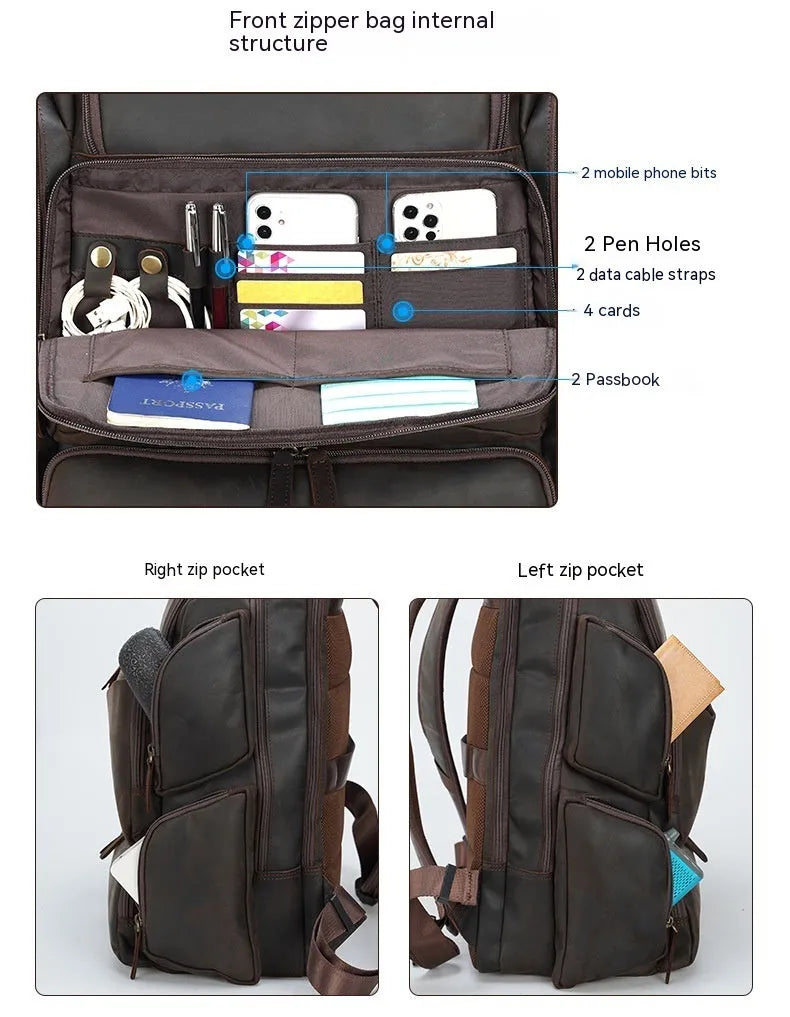 Dark brown retro genuine leather backpack for men showing front view with double straps and soft handle.
