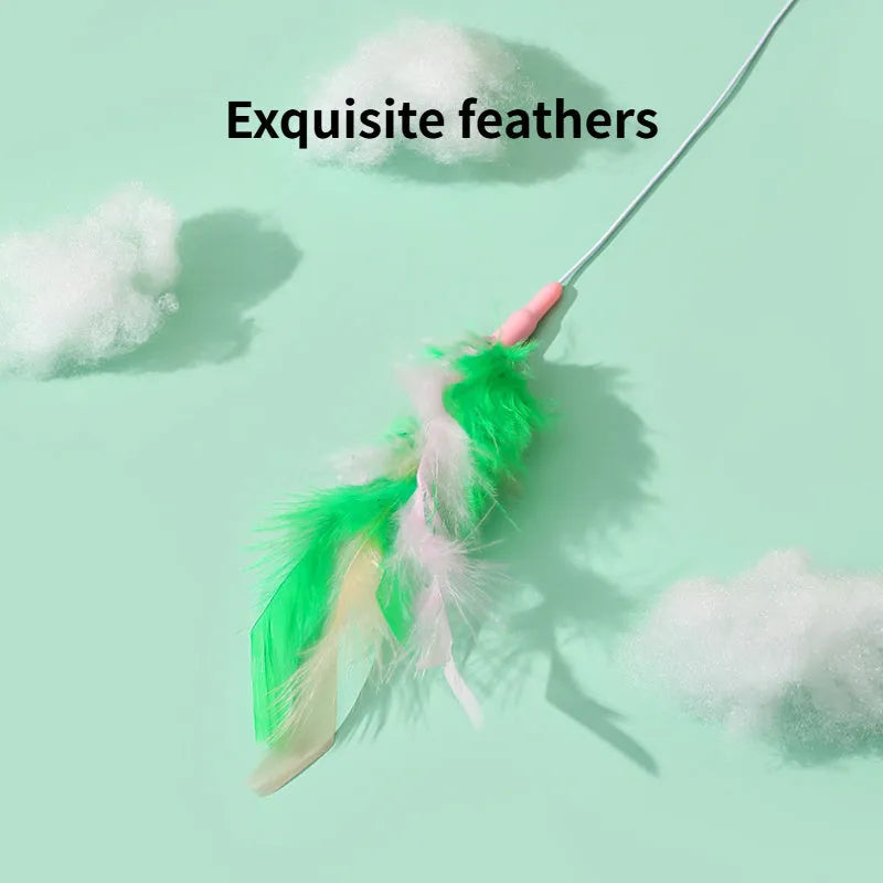 Green interactive cat feather wand toy with bells and feathers for indoor play and training