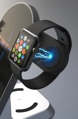 Black multifunctional alarm clock with digital display and wireless charging pad for phone, watch, and earbuds.