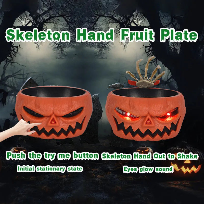 Plastic Halloween candy bowl with motion-activated skeleton hand and lighted red eyes, grey khaki or pumpkin colour