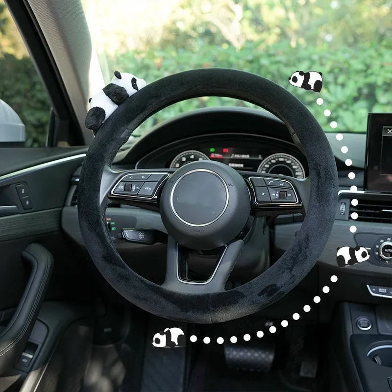 Plush black panda car steering wheel cover and matching shoulder pad set for 38cm diameter wheels