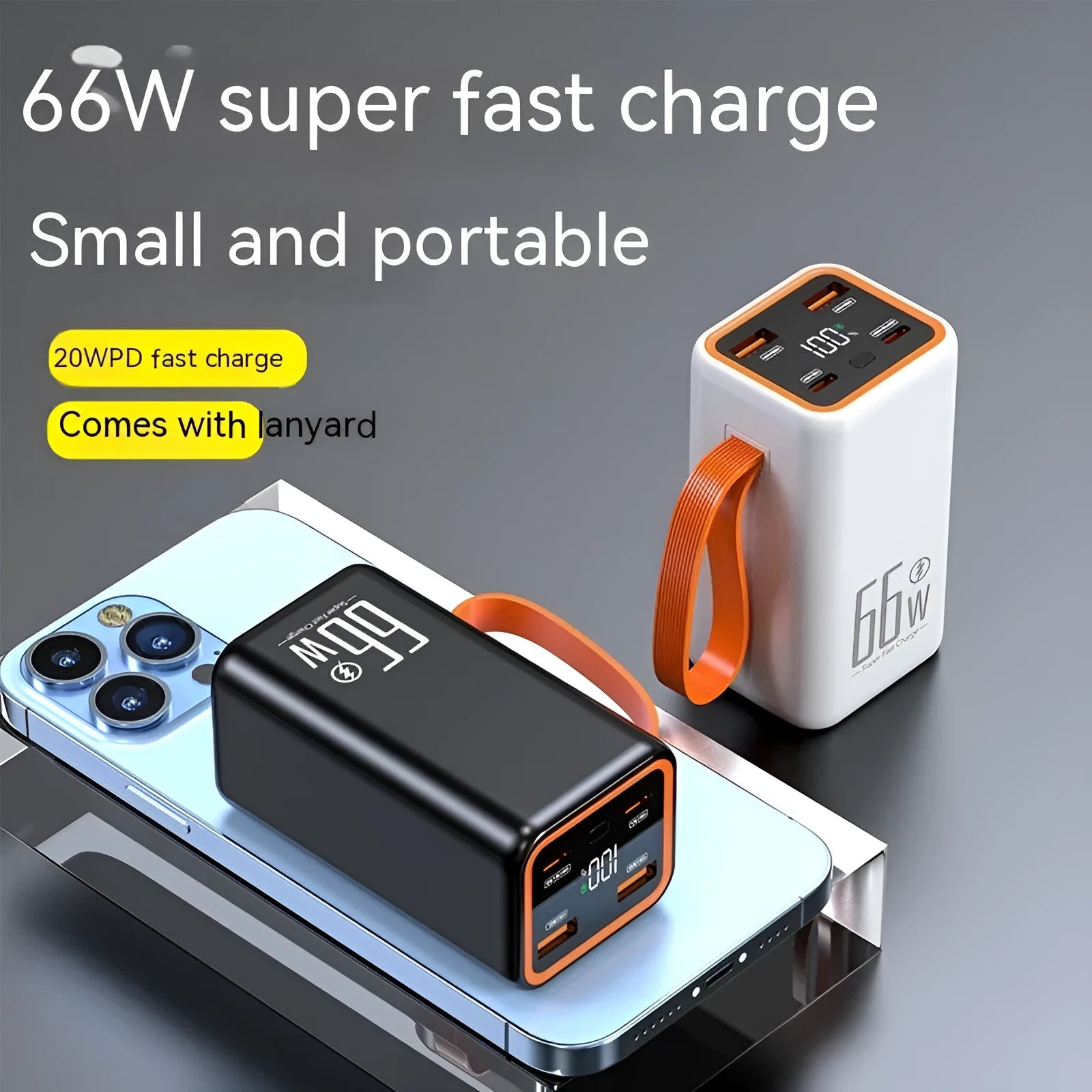 PD66W fast charge 20000mAh power bank in black and white colours showing compact size