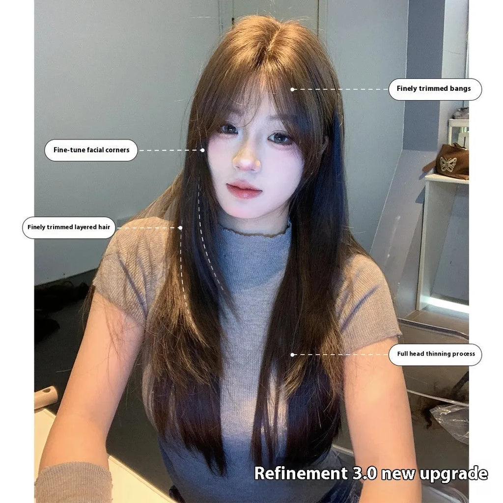 Cold brown layered long straight full-head wig for women with lace front