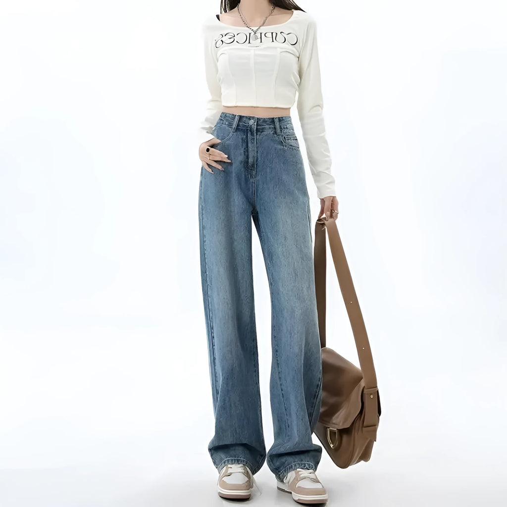 Women's retro blue wide leg jeans with high waist straight cut design and spandex stretch fabric