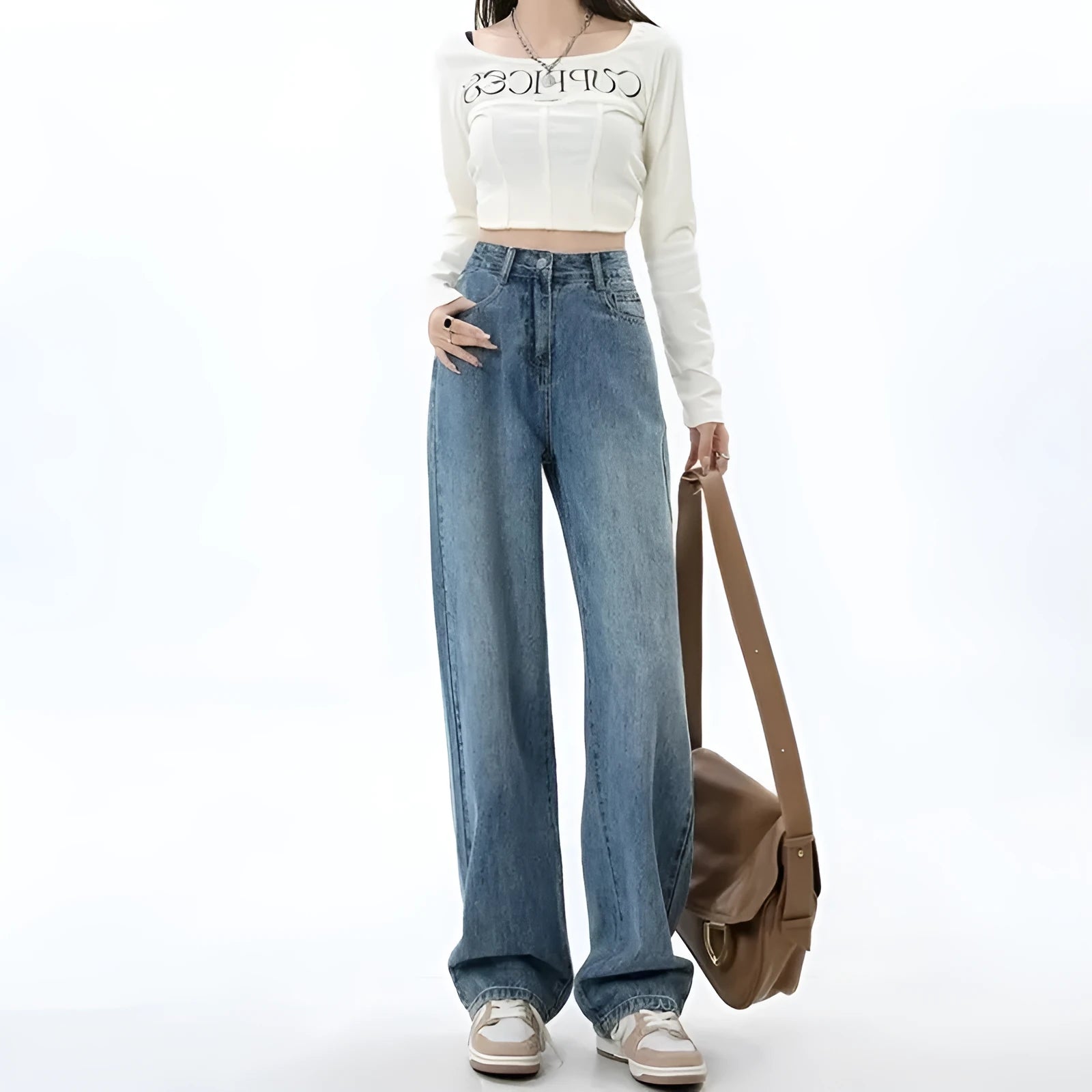 Women's retro blue wide leg jeans with high waist straight cut design and spandex stretch fabric