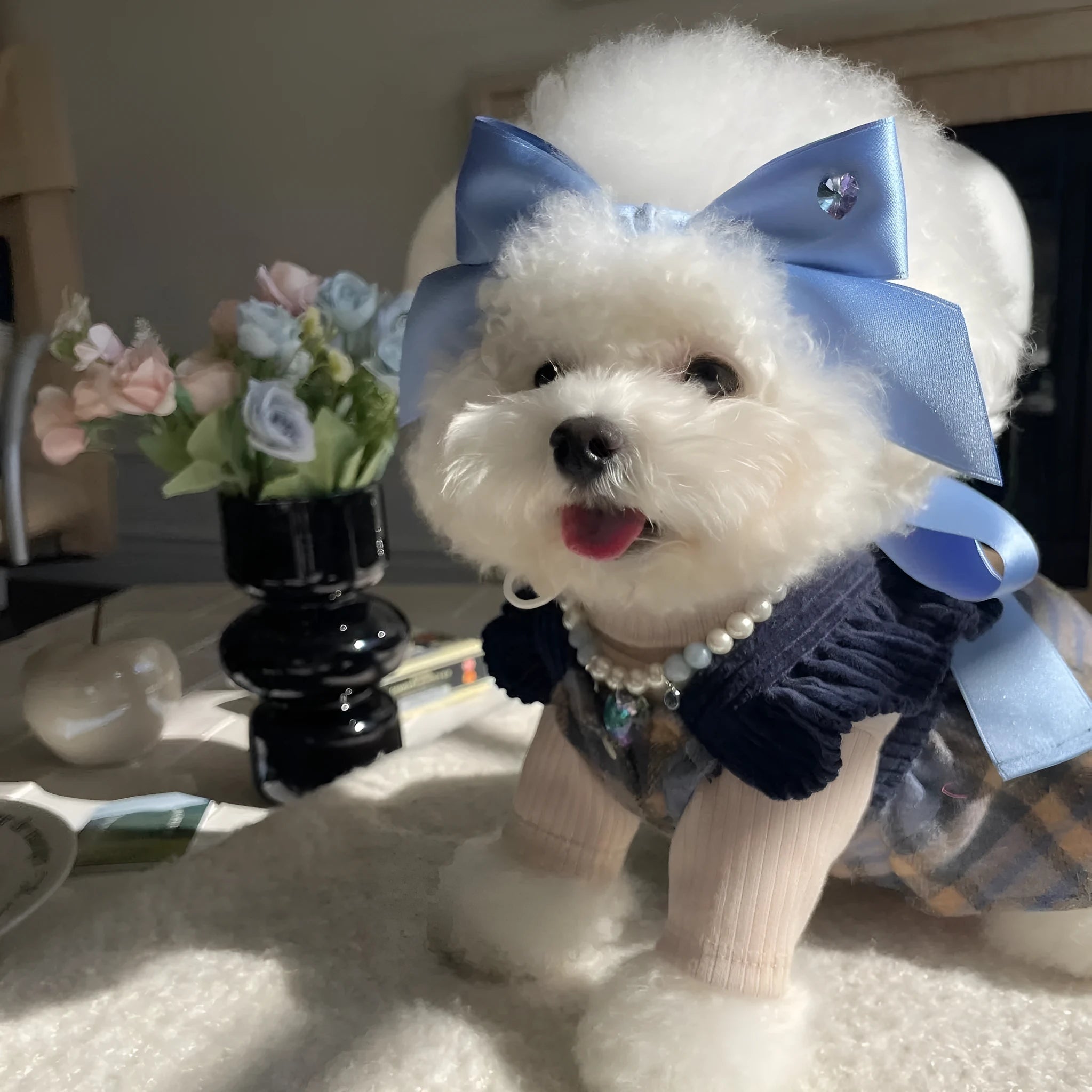 Adjustable dog hair band with princess-style bow on double-sided polyester cotton ribbon