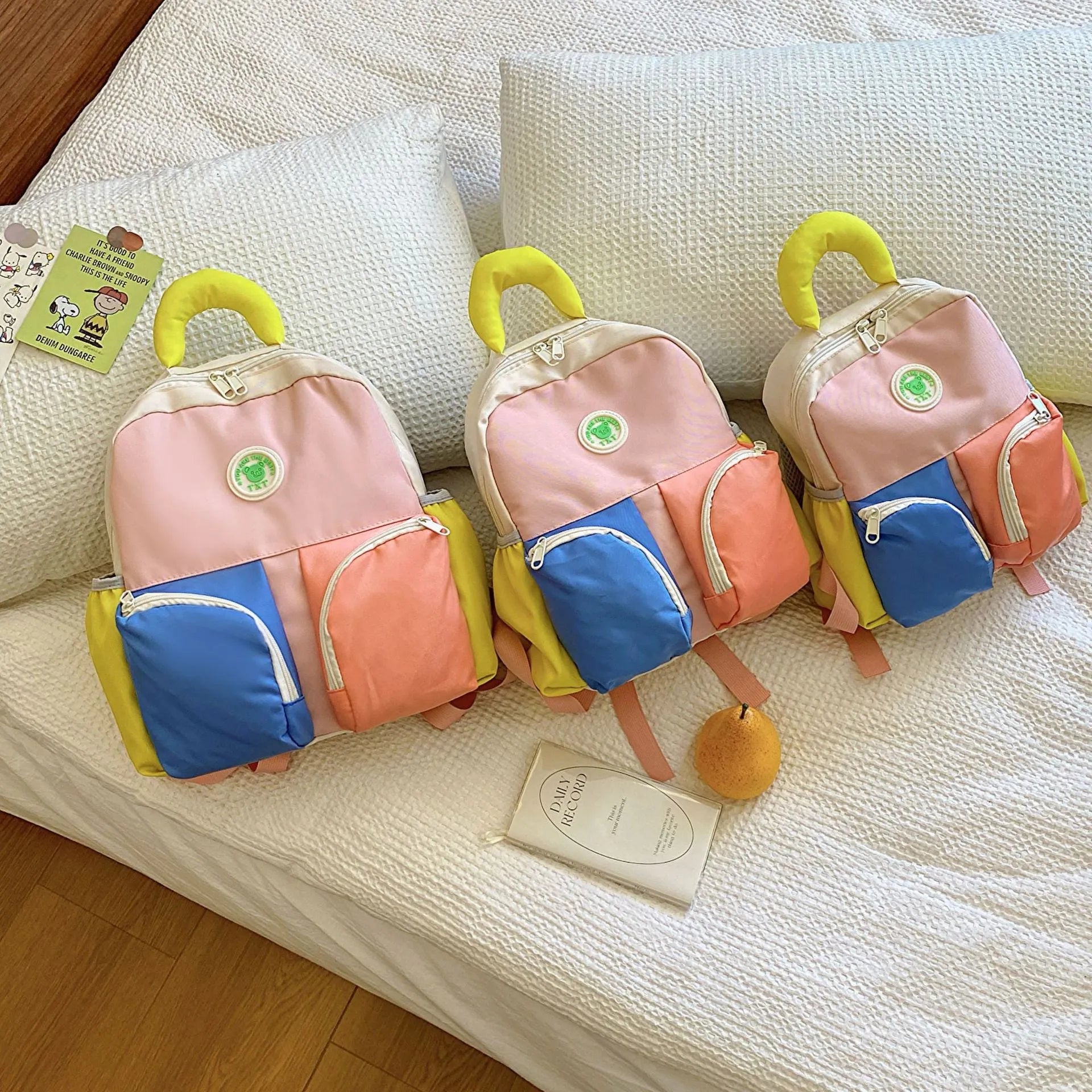 Children's trendy backpack lightweight Oxford cloth solid colour school bag blue pink yellow