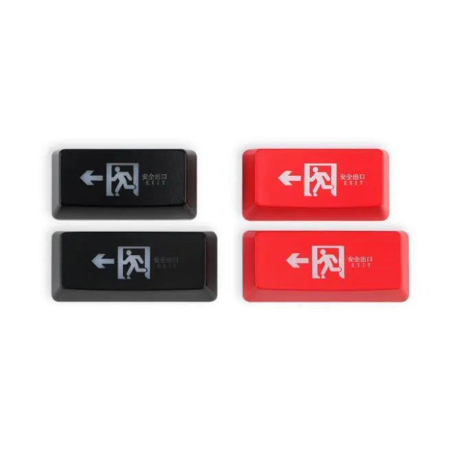 Transparent mechanical keyboard keycap with raised safety evacuation exit symbol for backspace replacement