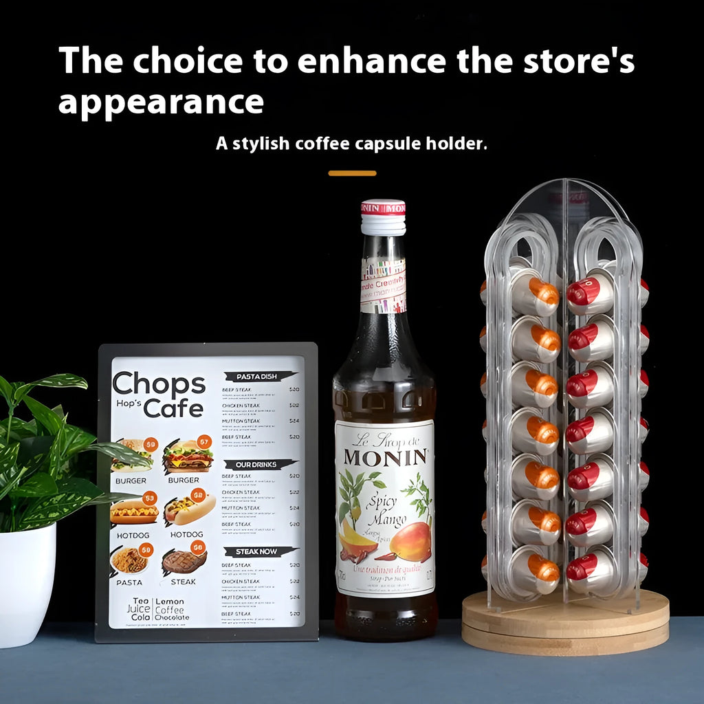 Rotatable acrylic coffee capsule storage rack in S M L sizes with solid colour pattern and pad glaze finish