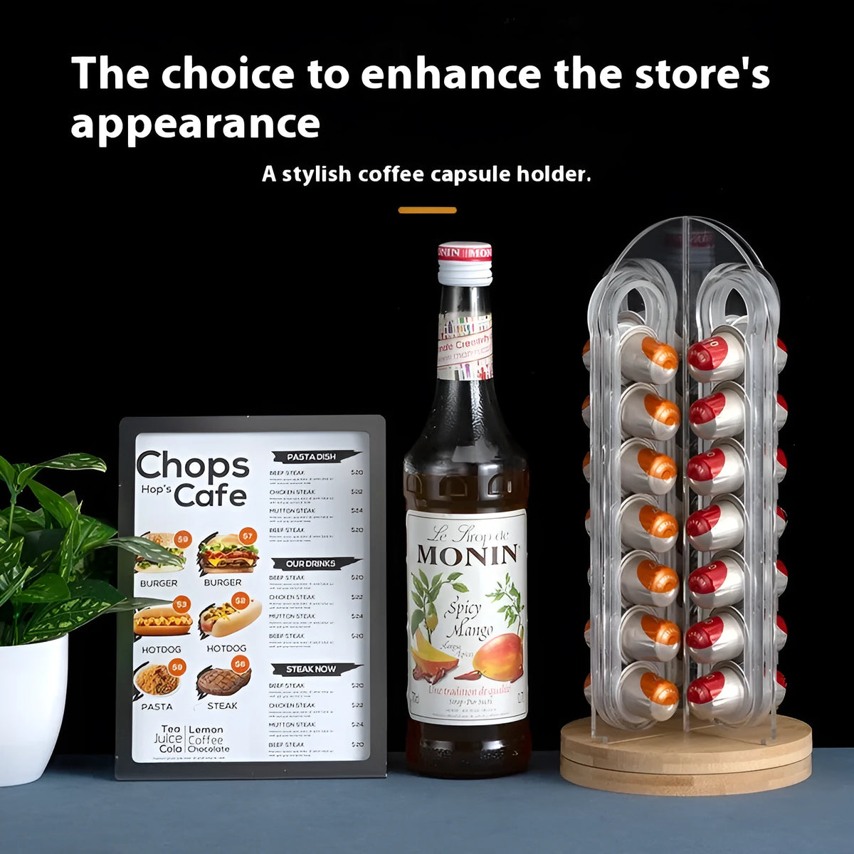 Rotatable acrylic coffee capsule storage rack in S M L sizes with solid colour pattern and pad glaze finish