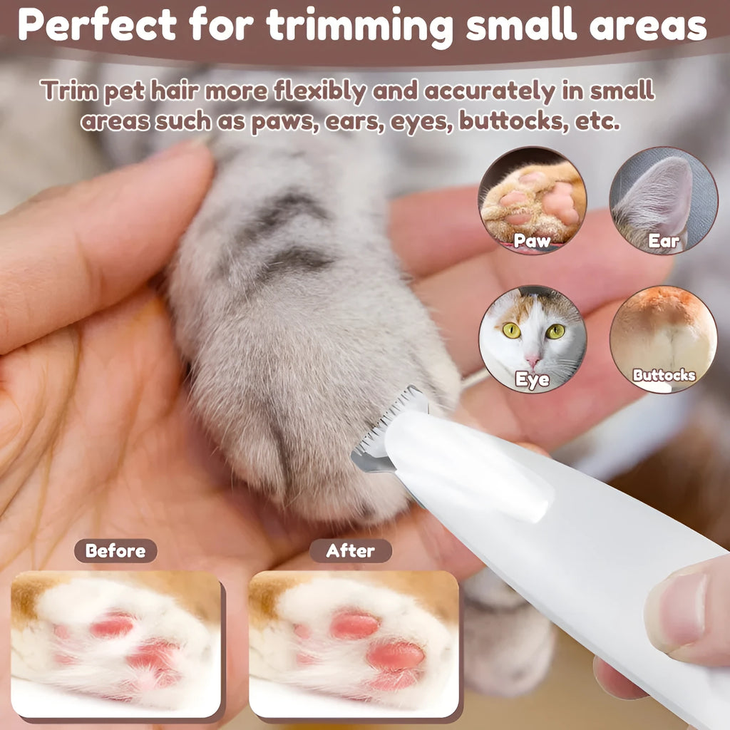 White waterproof dog paw trimmer with LED light and LED display, 18mm widened stainless steel blade, cordless rechargeable pet hair clipper