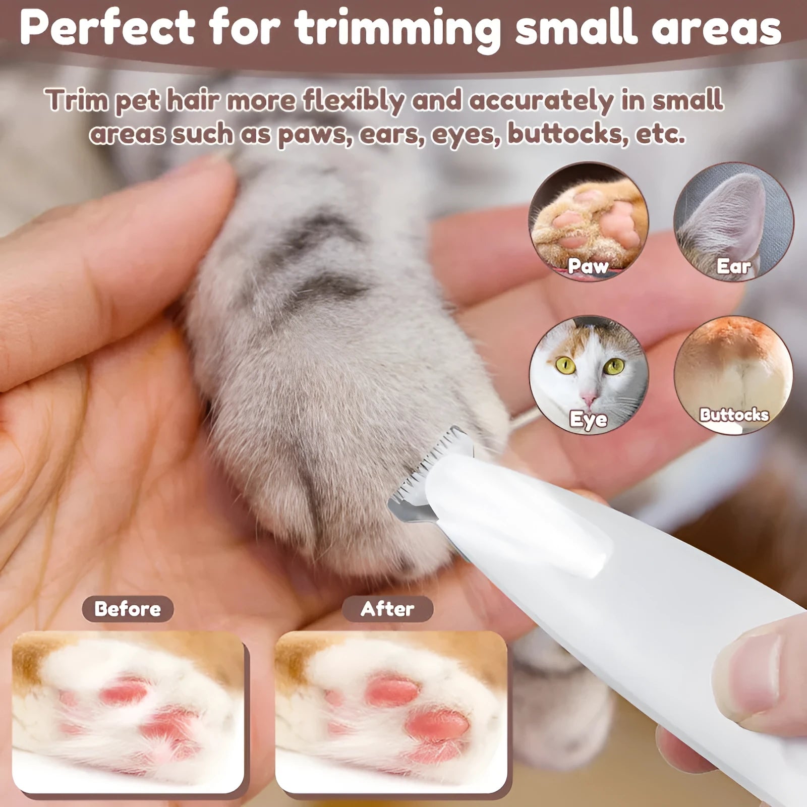White waterproof dog paw trimmer with LED light and LED display, 18mm widened stainless steel blade, cordless rechargeable pet hair clipper