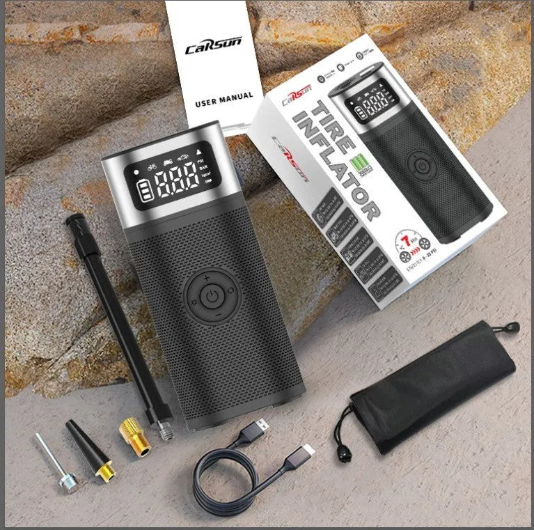 Black portable wireless air pump with 15cm tube, multiple nozzles, and storage bag