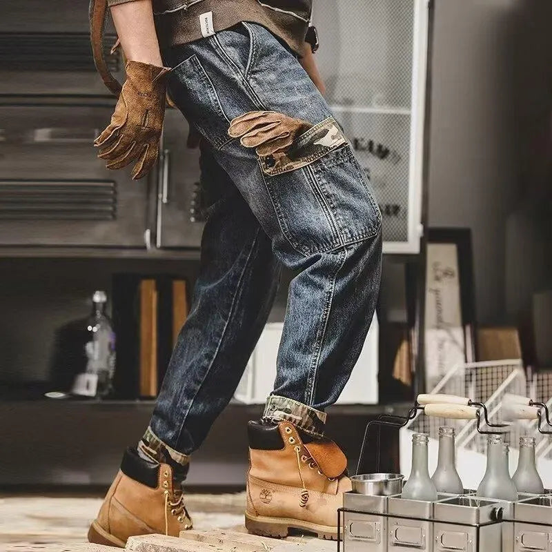 Men's American-style heavy distressed cargo jeans, loose fit, blue cotton denim, 28-36 waist sizes