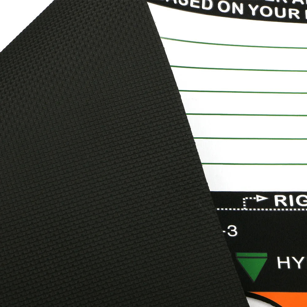 Black neoprene golf swing posture correction mat for stance alignment practice.