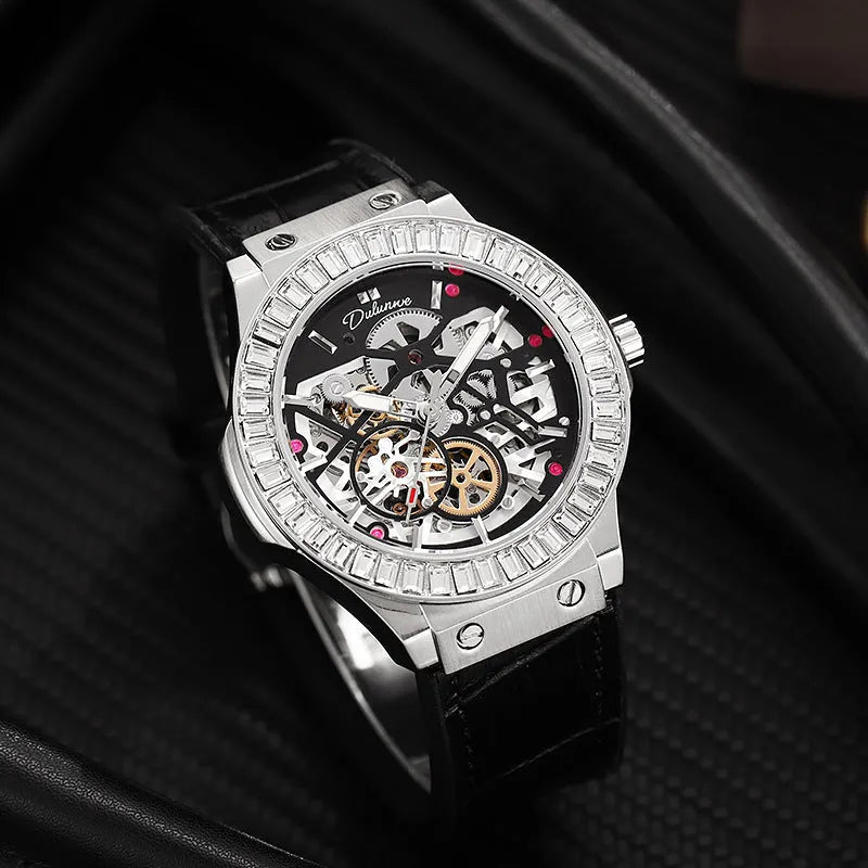 Men's automatic mechanical watch with hollow movement and diamond accents on white shell case
