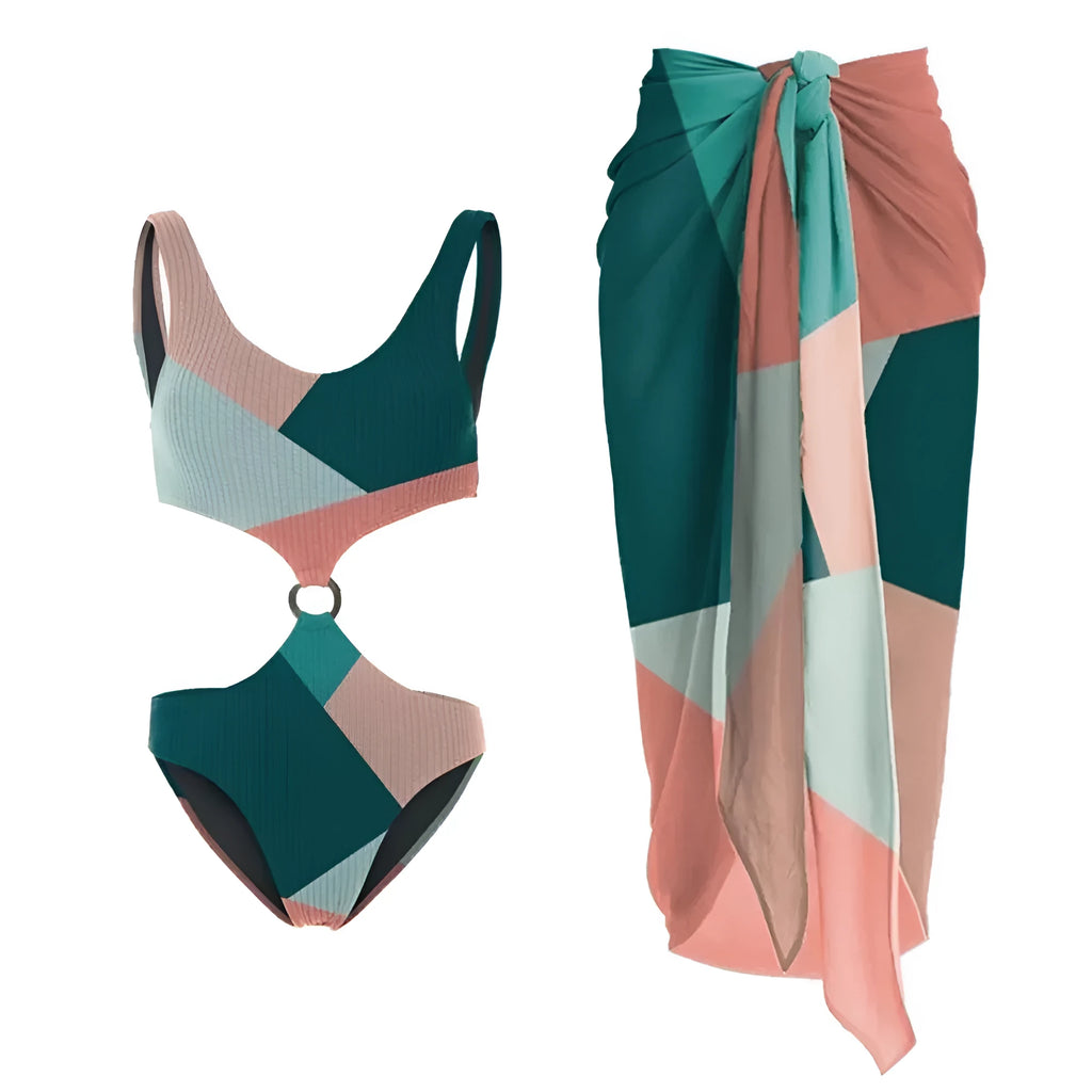 Contrast colour bikini two-piece set with matching mesh gauze skirt on hanger