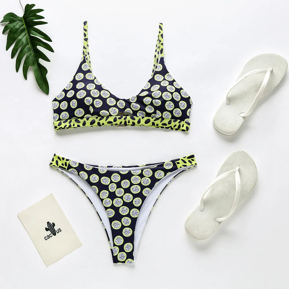 Women's patterned bikini swimsuit set in black and white dots or red and white stripes.