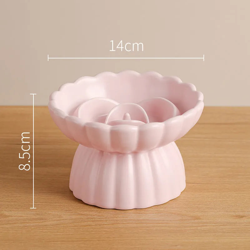 Ceramic flower pool slow feed dish for cats and small dogs with higher edges, in white