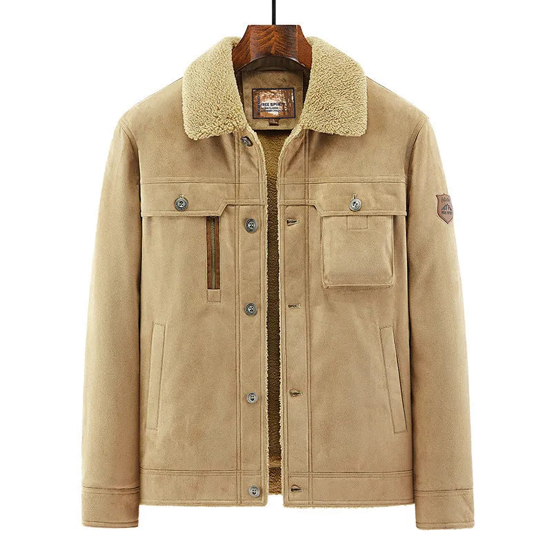 Men's deerskin jacket in khaki, front view, standard length 50cm, polyester fibre business formal coat