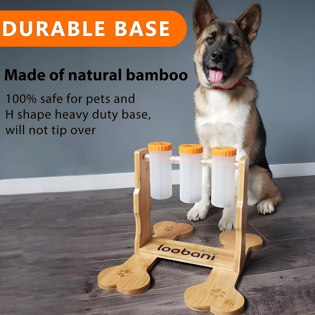 Wooden dog puzzle toy feeder with sliding panels measuring 31x30x20cm in natural wood colour