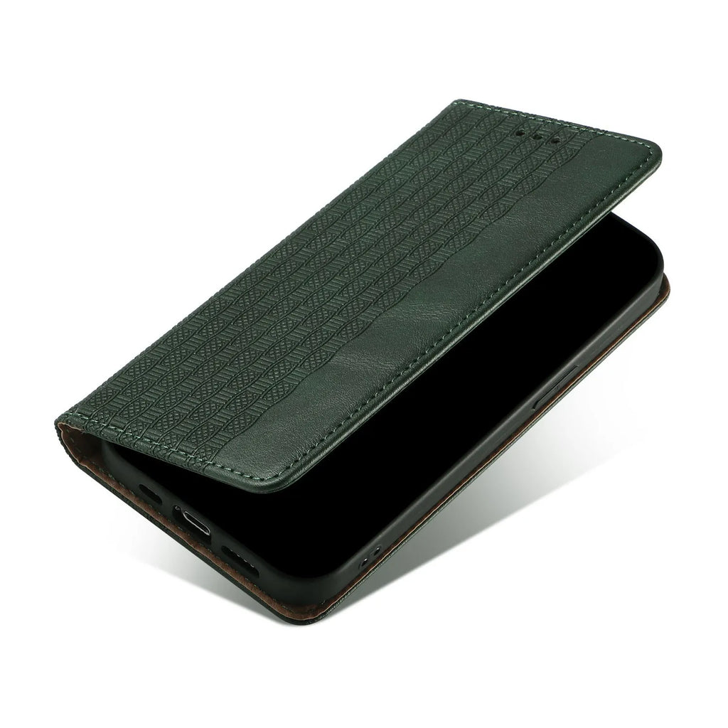 Embossed leather flip phone case for iPhone in black, shown open.