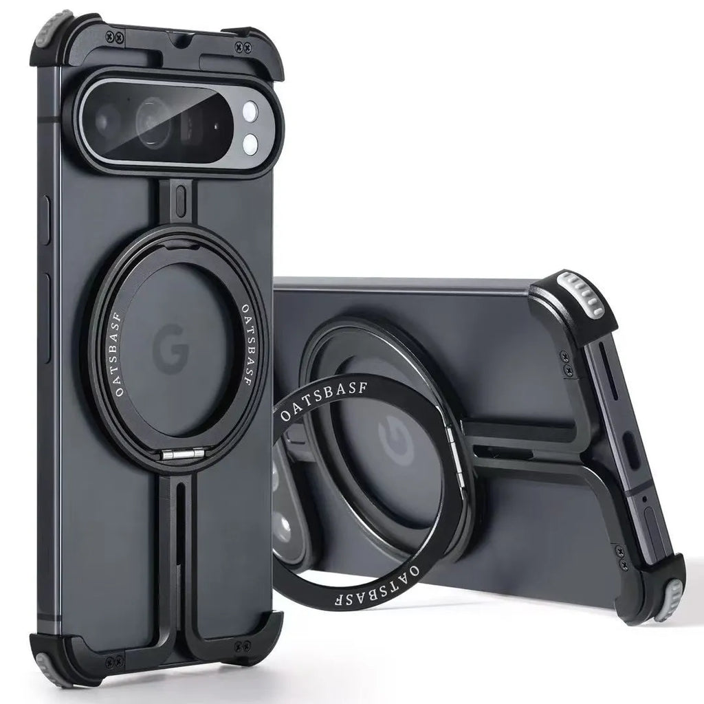 Google Pixel 9 Pro Fold aluminium alloy phone case with black finish, magnetic bracket, and rotatable stand