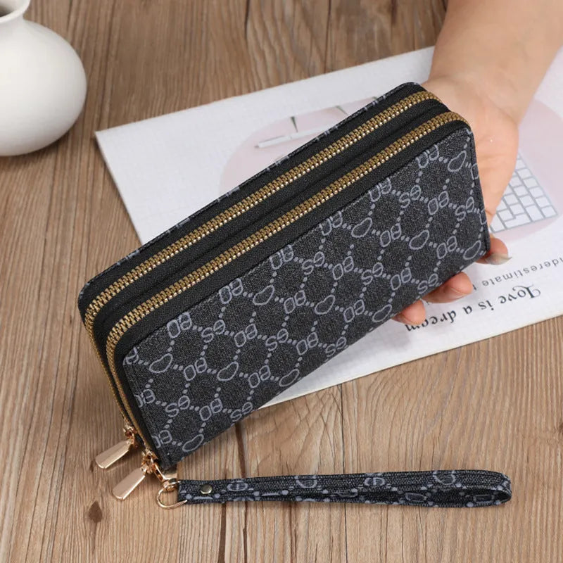 Black PU leather long wallet clutch with mobile phone compartment and zip coin purse