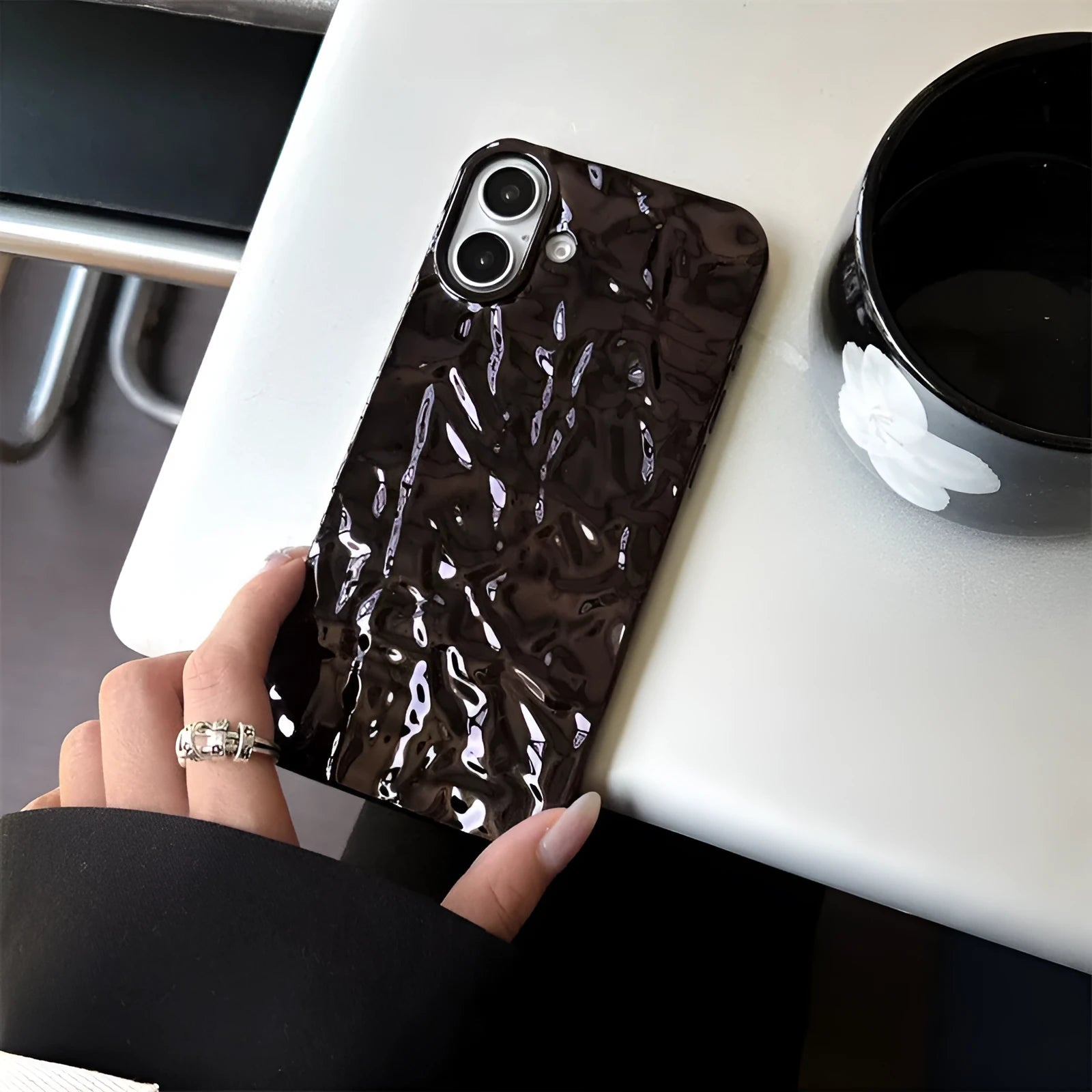 Black pleated tin foil TPU phone case for Apple iPhone models, back cover style