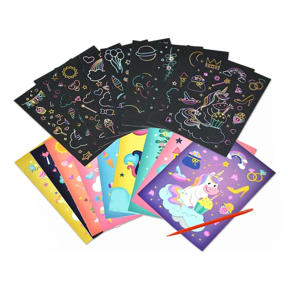 DIY graffiti scraping painting paper kit with scratch tool, showing colourful animal theme artwork revealed on black paper