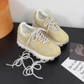 Women's height increasing platform sneakers in blue with synthetic leather upper, round toe, front lace-up, rubber sole