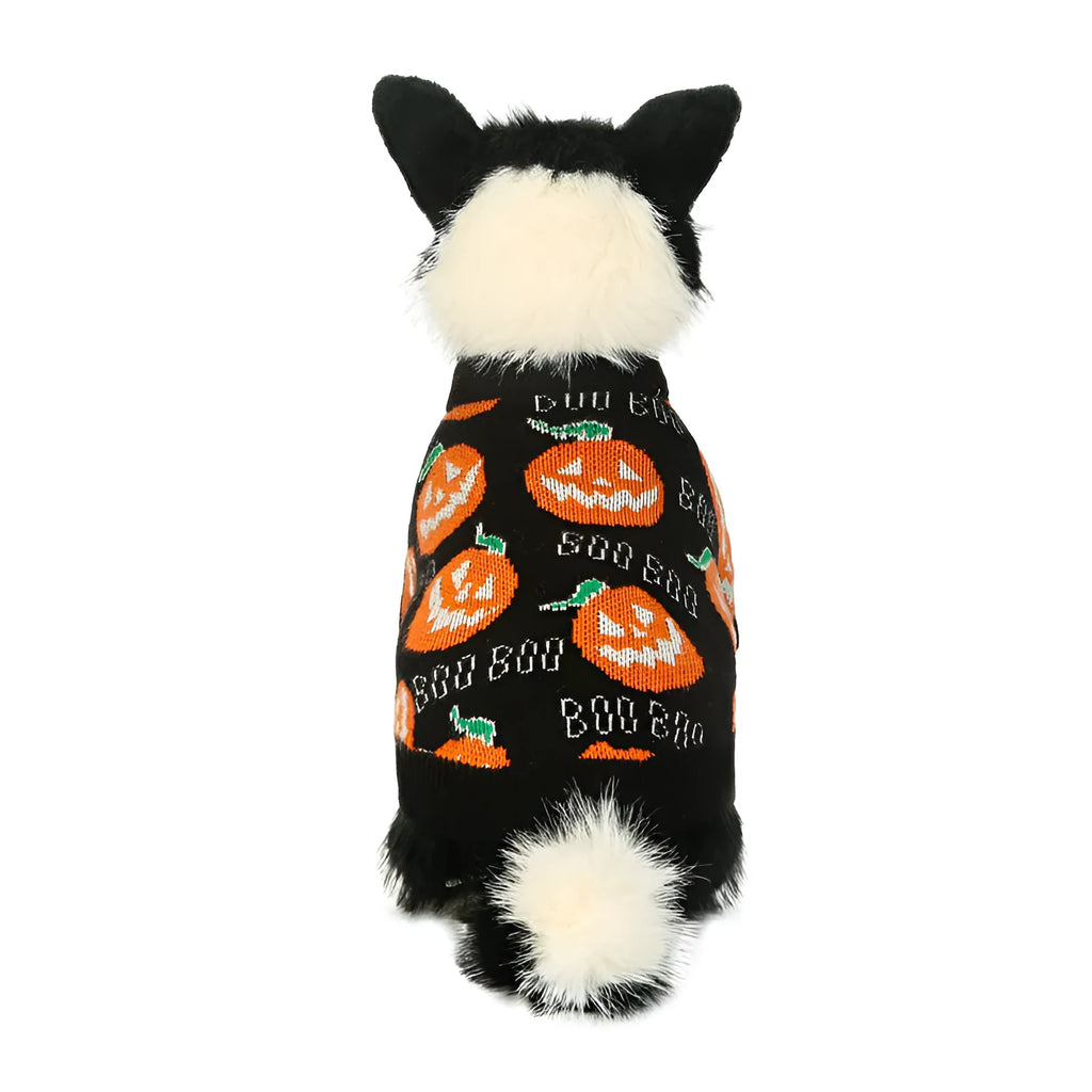 Black Halloween dog sweater with orange pumpkin pattern design for pet costumes