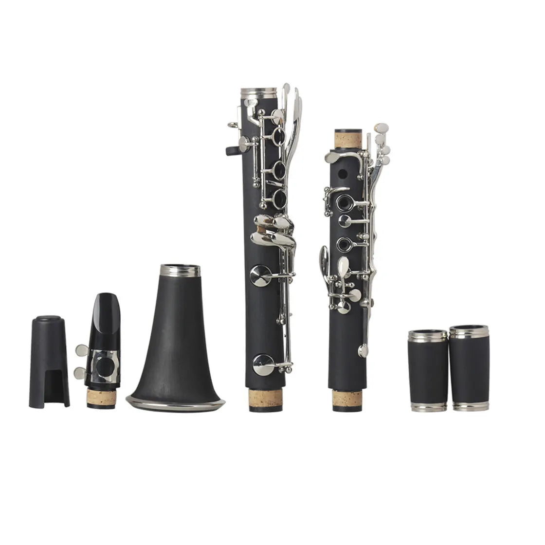 Black clarinet with 17 Bakelite keys and nickel plating alongside protective carrying bag