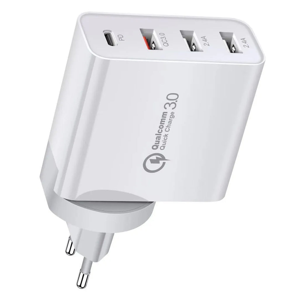 White fast charge USB wall charger with multiple ports including PD and QC