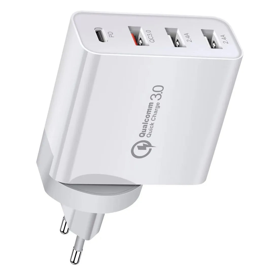 White fast charge USB wall charger with multiple ports including PD and QC