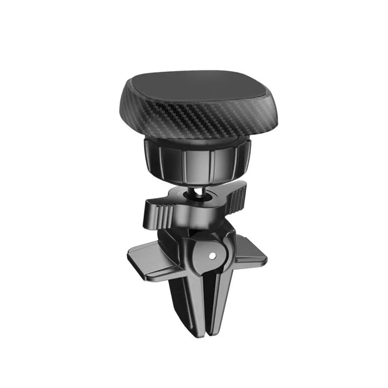 Black magnetic car phone holder mounted on vehicle air vent with smartphone attached