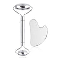 Stainless steel double-headed facial roller, heart-shaped acupressure stick, and scraping plate on a white background.