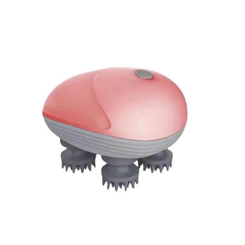 Blue handheld electric pet massager with four rotating heads on a white background