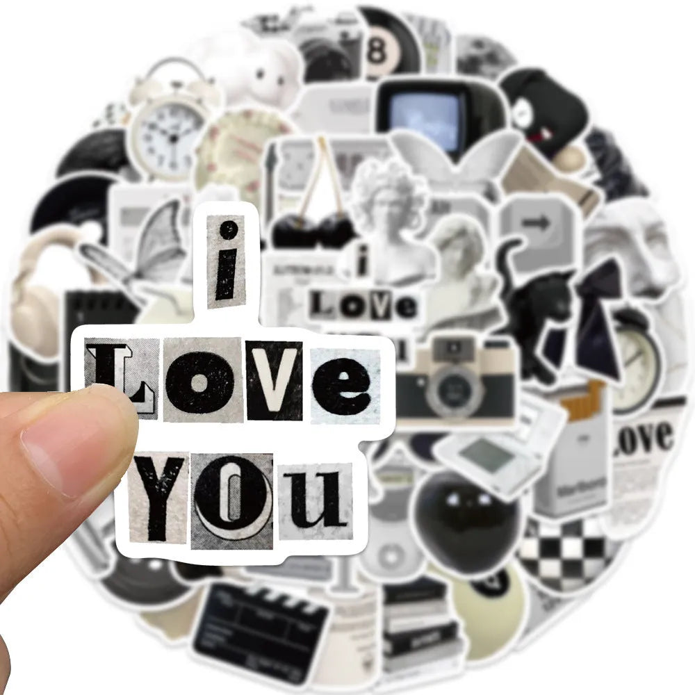 Black and white PVC waterproof sticker set with 61 pieces for multiple surfaces