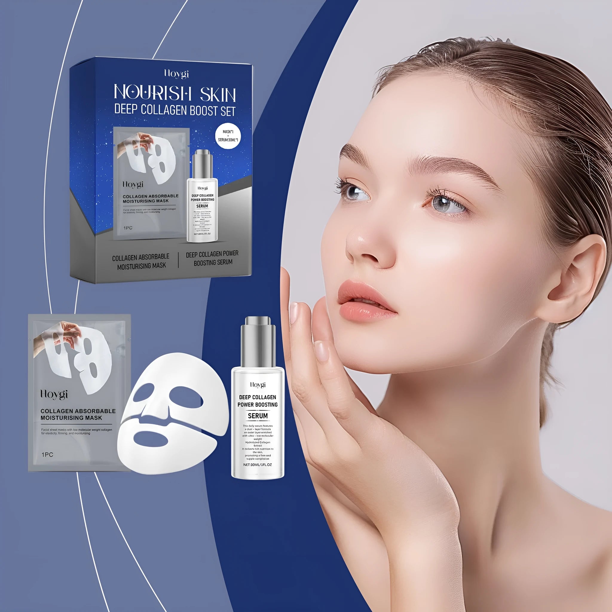 Single collagen facial sheet mask with 30ml moisturising essence bottle