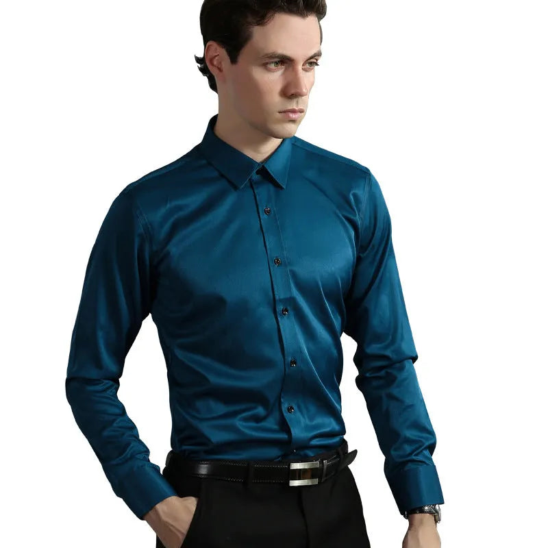 Casual four-way stretch long sleeve shirt in solid colour, slim fit cardigan style with 60 count synthetic fibre fabric