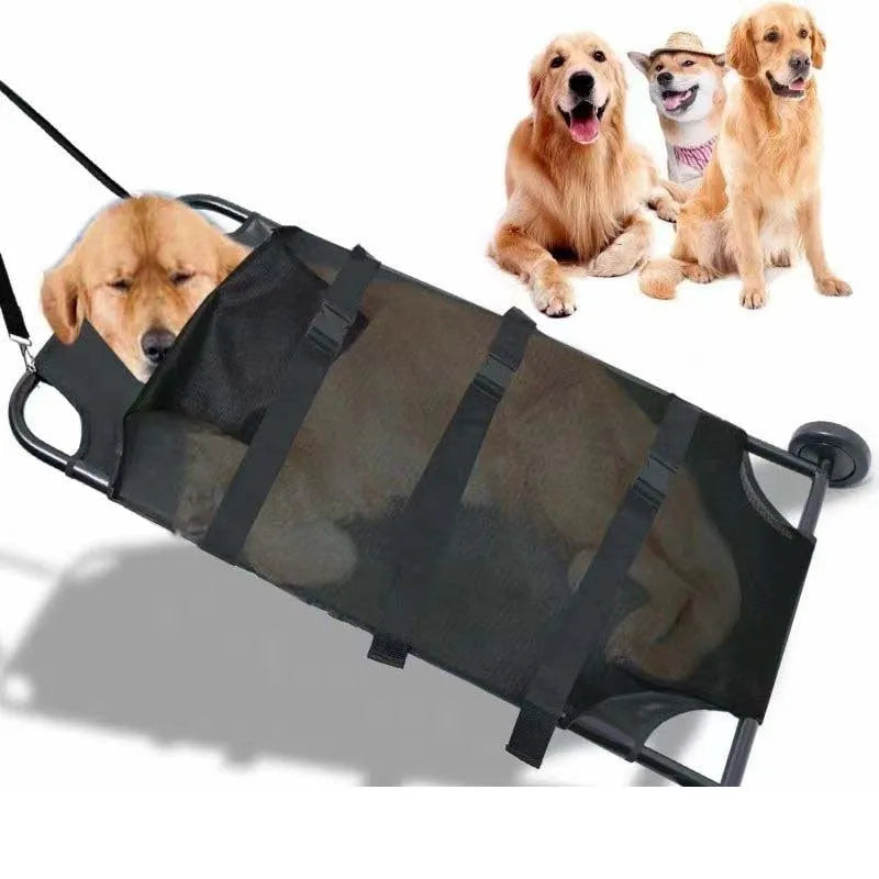 Large black foldable pet stretcher with aluminium alloy frame for emergency animal transport
