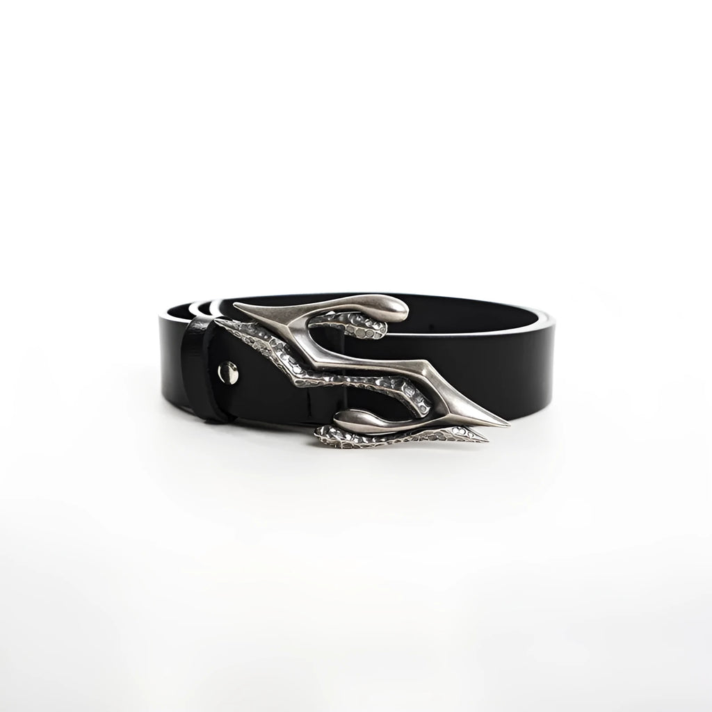 Black two-layer cowhide leather men's belt with metal letter buckle showing 110cm length